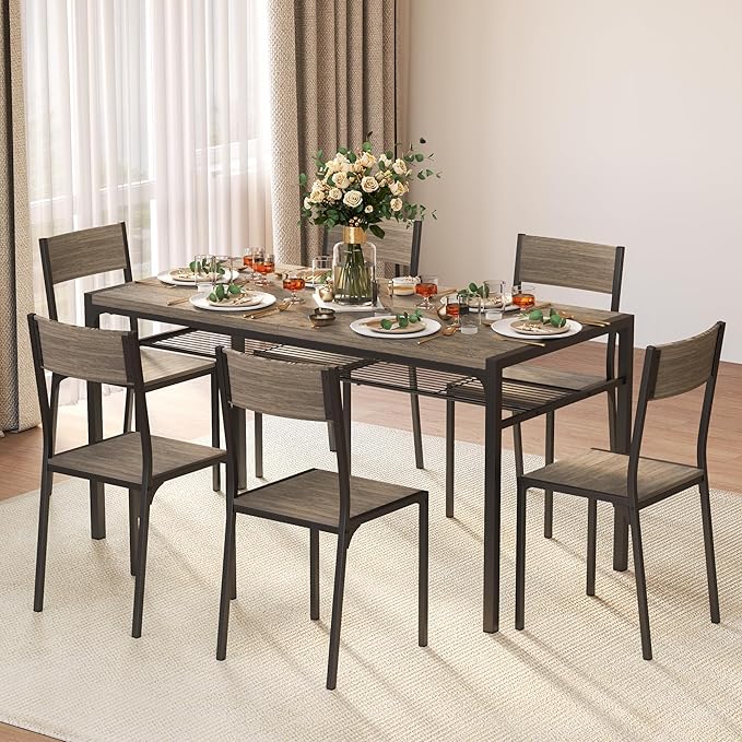 Gizoon Dining Table Set for 6 with Chairs, 7-Piece Kitchen Table Set for Small Space, Apartment, Kitchen, Dining Room, Space-Saving