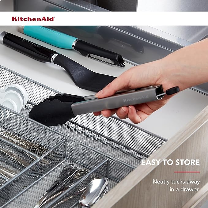 KitchenAid Silicone Tipped Stainless Steel Tongs, 9 Inch, Black