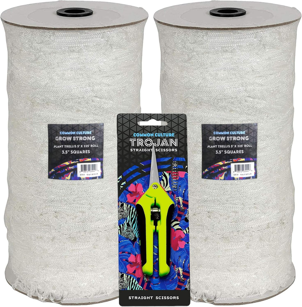 COMMON CULTURE Grow Strong Soft Mesh Nylon Trellis Netting Bulk Rolls - 5 x 225 ft Heavy-Duty Garden Netting for Plants - (Pack of 2 Rolls) + Common Culture Trimming Scissors