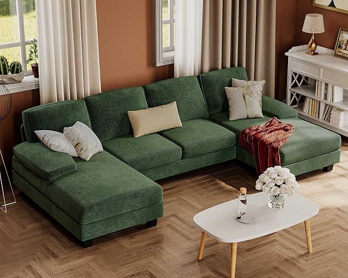 Furmax Sectional Couches for Living Room, U-Shaped Sofa Couch with Linen Fabric, 4 Seat Sofa Set with Double Chaise for Apartment (Fabric, Green)