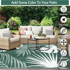Waterproof Outdoor Rug 6x9 ft, Reversible Plastic Straw Mat with Leaf Pattern, Large Floor Mat for Patio, Camping, Picnic, Backyard RV, Deck, Dark Green