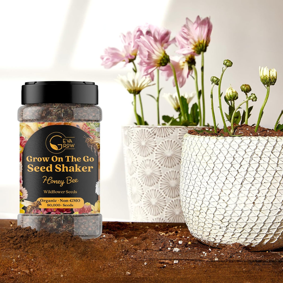 Mini Wildflower Seed Shaker – Honey Bee Wildflower Mix, by GevaGrow | Bulk 90,000+ Seeds | Pollinator Bee Attracting Flower Seeds for Planting in Pots & Outdoor Gardens | No Messy Packets