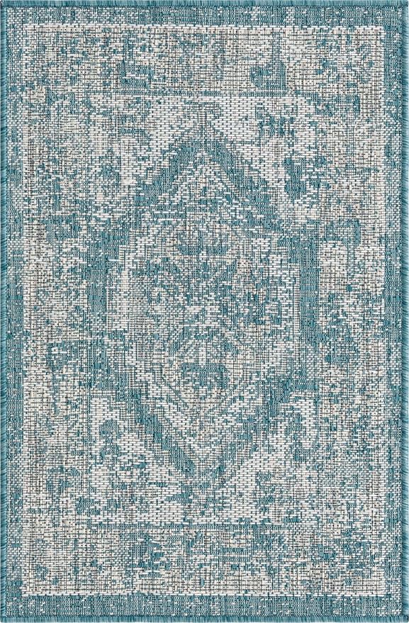 Unique Loom Outdoor Traditional Collection Area Rug - Valeria (2' 2" x 3' 1" Rectangle, Aqua/ Ivory)