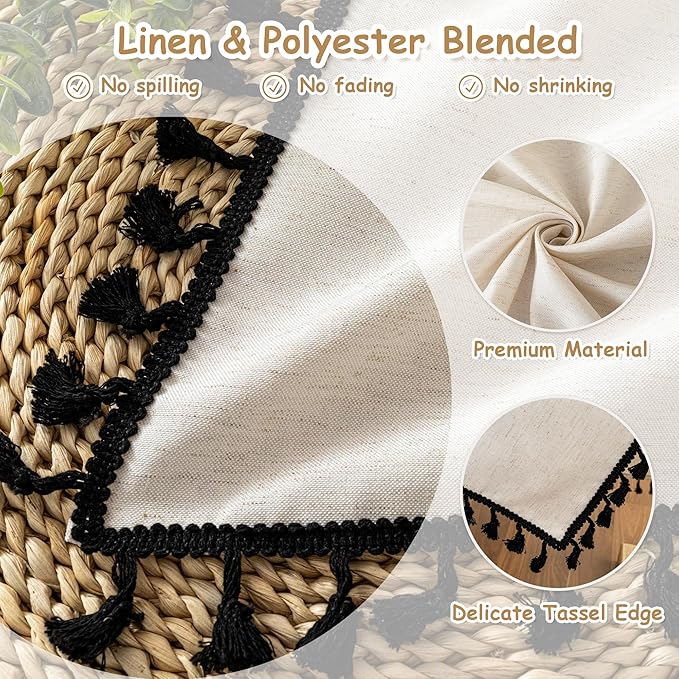 MYSKY HOME Table Cloth 60x84 in Rectangle Table, Cotton Tassel Linen Look Waterproof Tablecloths Farmhouse Tablecloth, Wrinkle Free Table Cover with Black Tassels for Kitchen Dining, Party