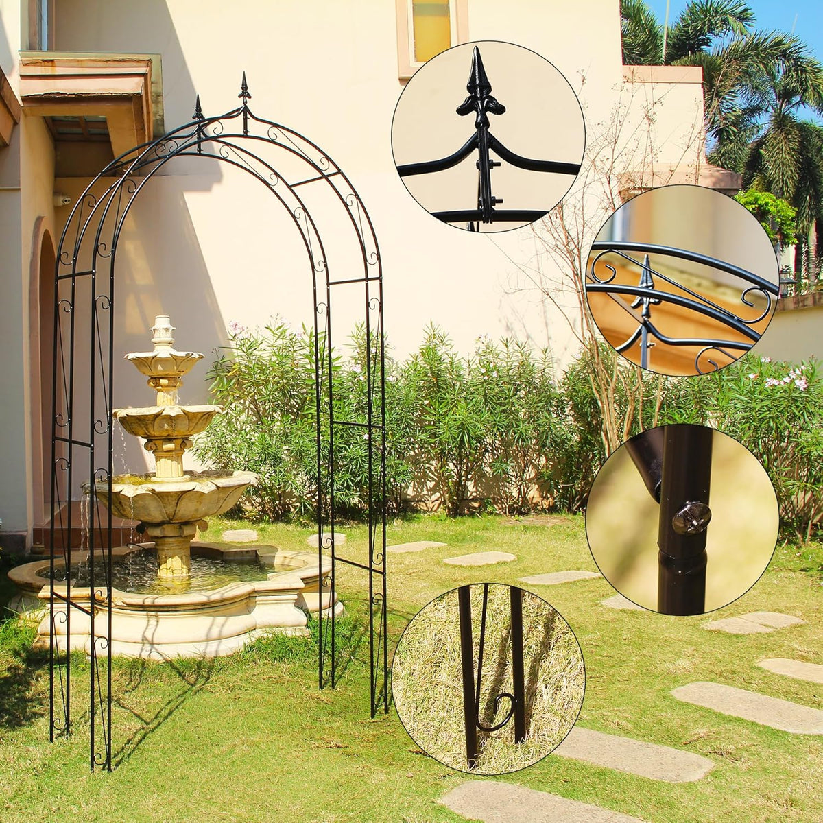 Garden Arbor Arch 98.4" H x 46.5" W, Heavy Duty Iron Archway Decorative Structure Stand Trellis for Climbing Rose Vines Plant Wedding Ceremony Party Outdoor Decor Black