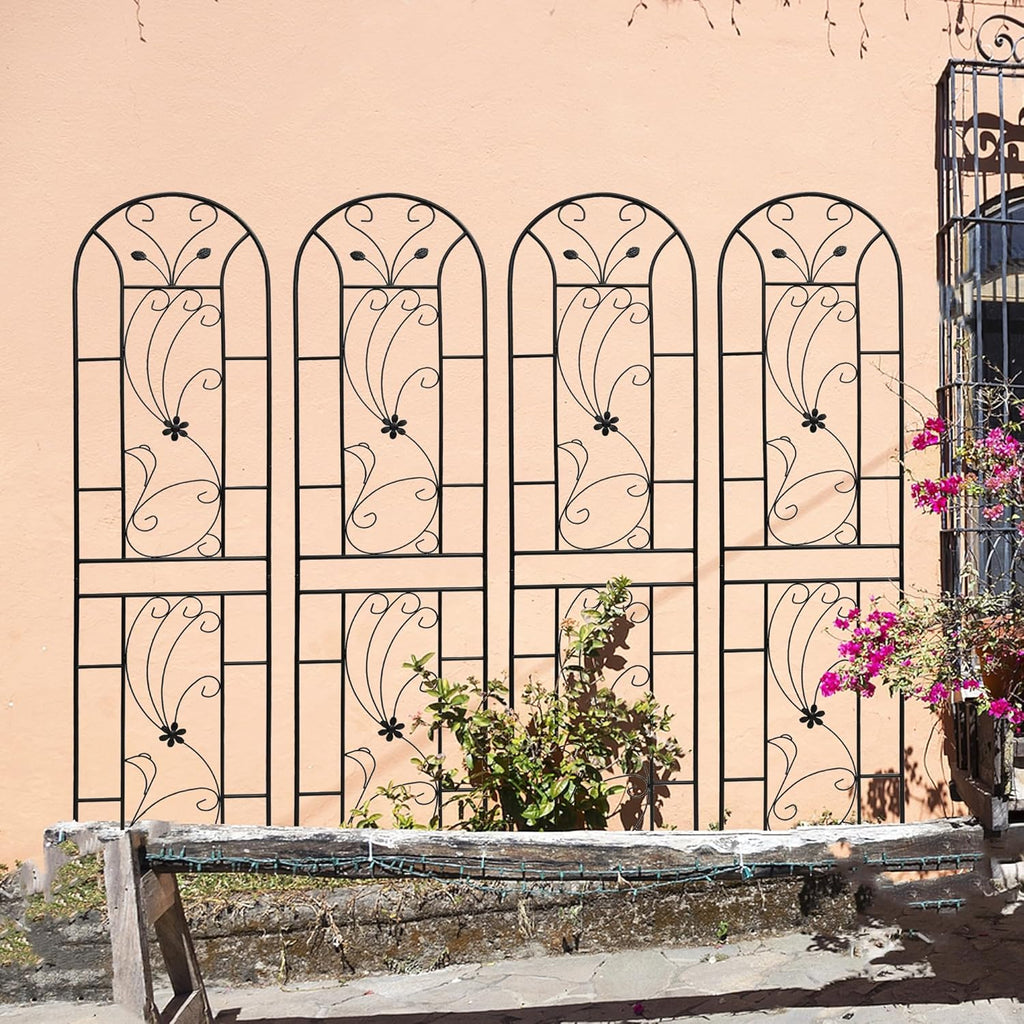 Metal Garden Trellis Rustproof Trellis for Climbing Plants Outdoor Flower Support Peacock Style (Black-4 Pack, 86.7"x19.7")
