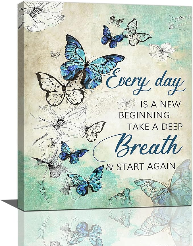 Farmhouse Floral Wall Decor - Teal Butterfly Canvas Prints with Inspirational Quotes - Modern Home Decorations for Bathroom, Girls Bedroom, Living Room