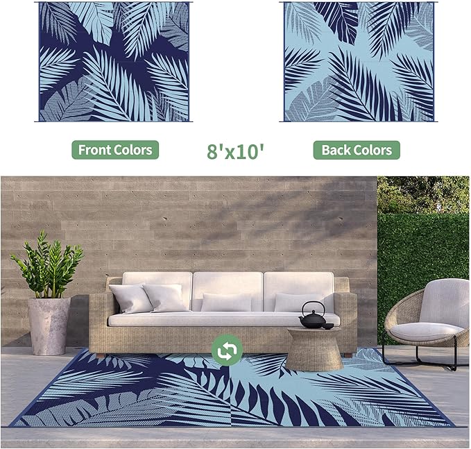 GENIMO Outdoor Rug 8' x 10' Waterproof for Patios Clearance, Reversible Outdoor Plastic Straw Camping Rug Carpet, Large Area Rugs Mats for RV, Camper, Deck, Balcony, Porch, Beach, Navy Blue&Baby Blue