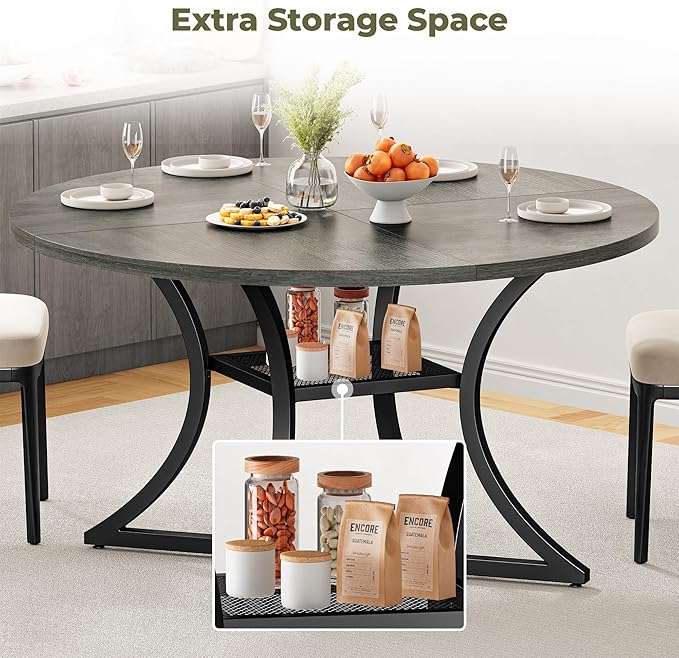 IRONCK 47.2" Round Dining Table for 4, Wood Kitchen Table with Storage Shelf for Dining Room, Dinner Table with Wooden Tabletop and Metal Base, Gray