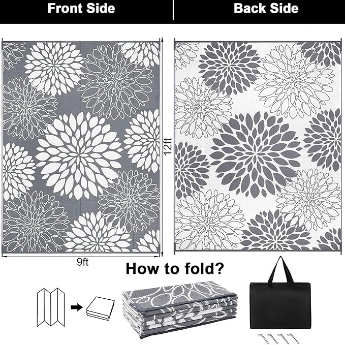 Ileading Reversible Outdoor Rug 9x12Ft Waterproof Patio Rug Carpet Portable Outdoor Plastic Straw Rug Large RV Camping Mat Rug for Patio, Clearance, Deck, Beach, Porch, Camping, Picnic, Grey