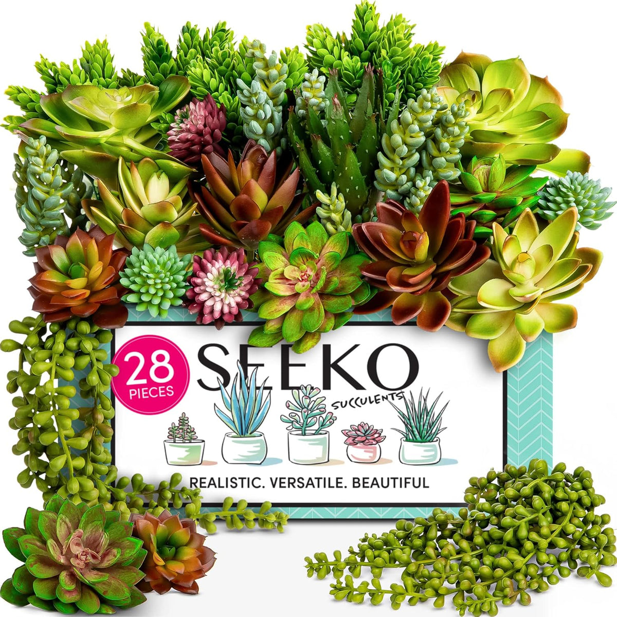 SEEKO Succulents Artificial Plants (28 Pack) - Artificial Succulents Unpotted - Premium Faux Plants - Fake Succulent for Craft - Small Plastic Assortment for Party, Cake, Garden, Home & Outdoor Decor