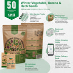 50 Winter Vegetable Garden Seeds Variety Pack - 43,450+ Non-GMO Heirloom Seeds for Outdoors & Indoor Home Gardening, Including Kohlrabi, Lettuce, Radish, Onion, Choy, Spinach, Cauliflower, Collards