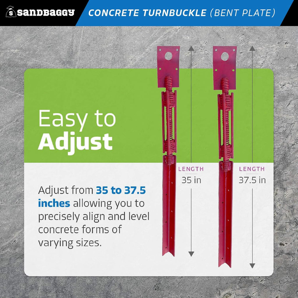 Sandbaggy Concrete Turnbuckle Form Aligner with 5" x 3" Bent Plate (35" - 37.5" Length) - Rust Resistant Steel - Adjustable Wall Brace - Aligns & Plumbs Form Walls, Columns, or Beams (35 inches, 50)