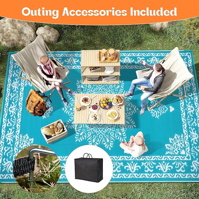 Yamaziot Outdoor Rug 9x18 Ft, Waterproof Plastic Straw Patio Rug, Reversible Backyard Carpet UV Resistant Portable RV Mat Clearance, Large Indoor Outdoor Rug for Patio, Porch, Deck, Balcony, Teal