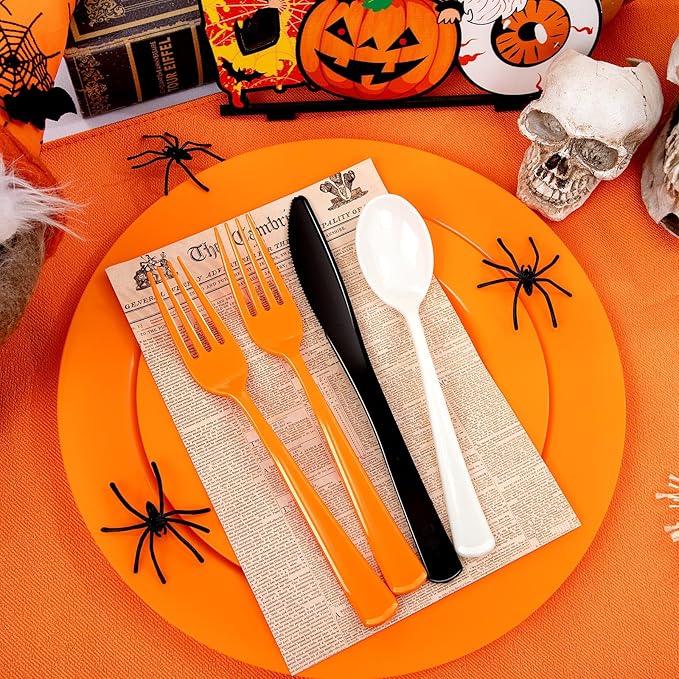 NOCCUR 180PCS Halloween Plastic Silverware Set - Tricolor Flatware Disposable Supplies Include 60 Black Knives, 60 Orange Forks, 60 White Spoons - Ideal for Halloween Party