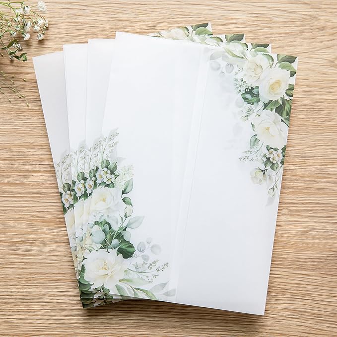 PONATIA 50 PCS Vellum Jackets for 5x7 Invitations- 135gsm White Floral Printed Vellum Sleeves, Quinceanera Wedding Invitation Cards Wraps, Green Flower Transparent Jacket