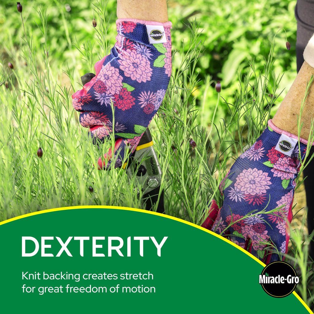 Miracle-Gro Women's Nitrile Coated Grip Floral Pattern Gardening Work Gloves, Extreme Comfort, Excellent Grip, Water Resistant, Pink/Purple, Small, (MG37126/WSM)