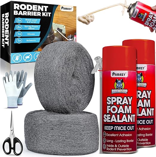 [Upgraded] Rodent Barrier Kit, 2Pcs Steel Wool Included 2Pcs PU Spray Foam for Mice Control, 3.2"x7.5’ Rodent Control Fill Fabric, Gloves, Scissors, Gap Blocker in Hole Pipeline Vent in House, Garage