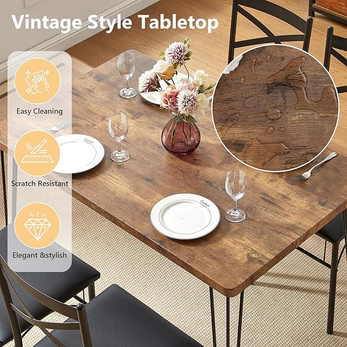 VECELO Kitchen Dining Room Table Set with 4 Chairs for Small Space, Apartment,Metal Steel Frame