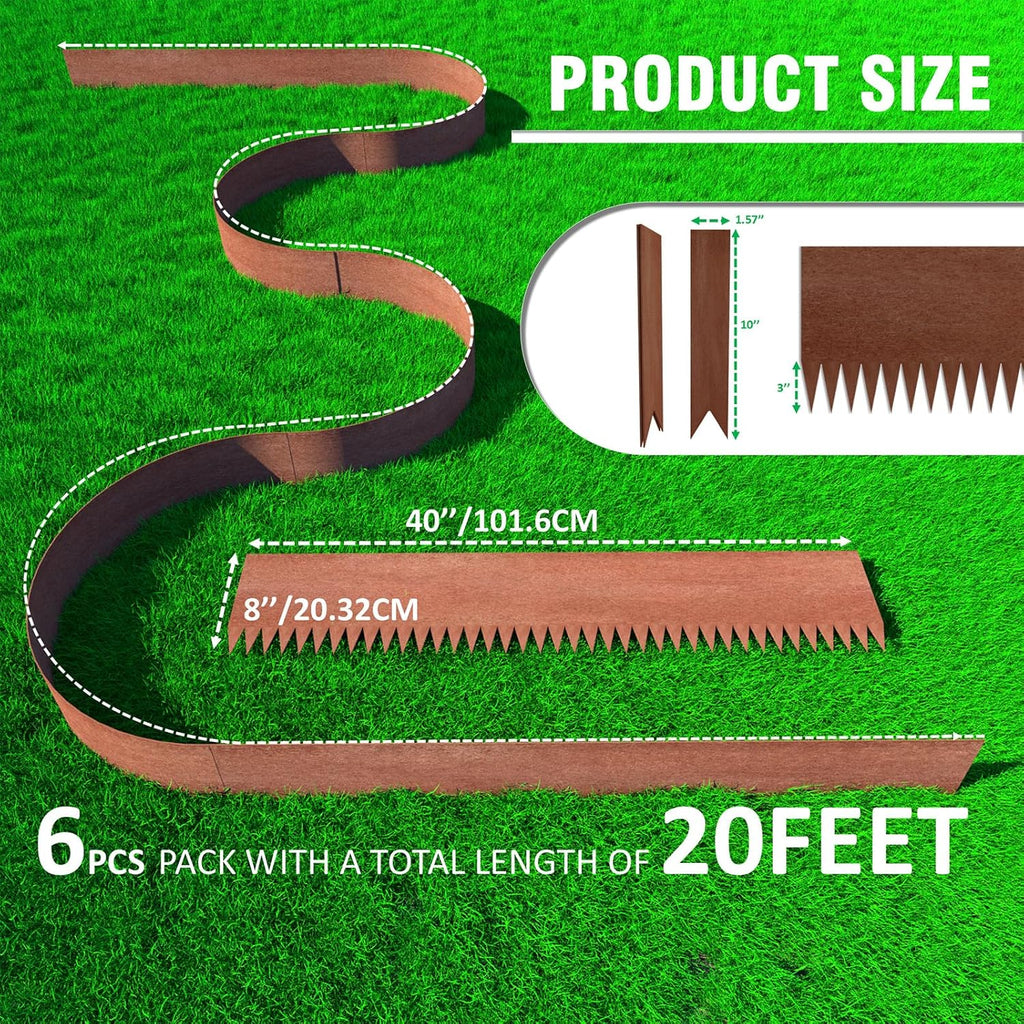 STIRLINGEAR Cor-Ten Steel Landscape Edging, 6-Pack (20 ft Total) – 8" Rustic Metal Garden Border