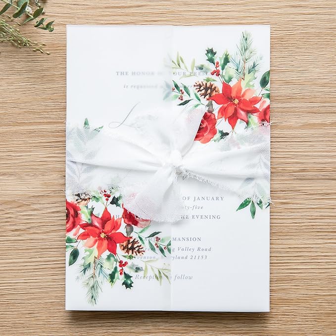 PONATIA 50 PCS 135gsm Vellum Jackets for 5x7 Wedding Invitation Cards- Christmas Red Floral Printed Vellum Sleeves, Invitation Cards Wraps, Christmas Cards Jackets