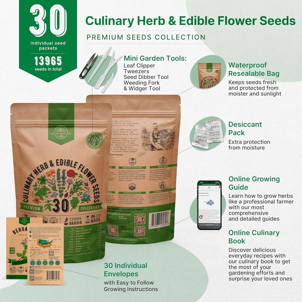 Organo Republic 30 Culinary Herbs & Edible Flower Seed Variety Pack- Indoor/Outdoor. 14000+ Non-GMO Heirloom Flower Seeds: Basil, Borage, Echinacea, Lavender, Oregano, Rosemary Seeds & More