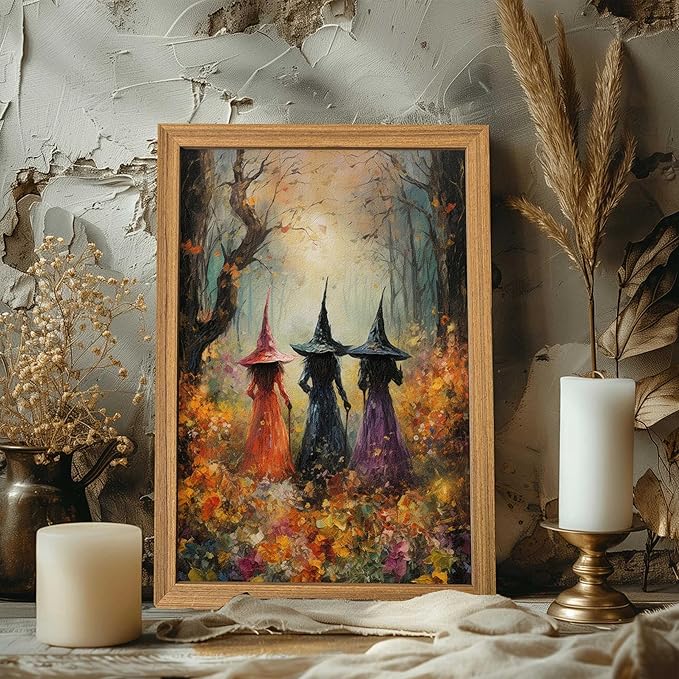 Framed Vintage Halloween Witch Wall Art – Halloween 3D Texture Witches Pictures Fall Decor for Living Room, Mysterious Forest Witchy Sandstone Aesthetic Art Prints for Bedroom Kids Room – 16x24in