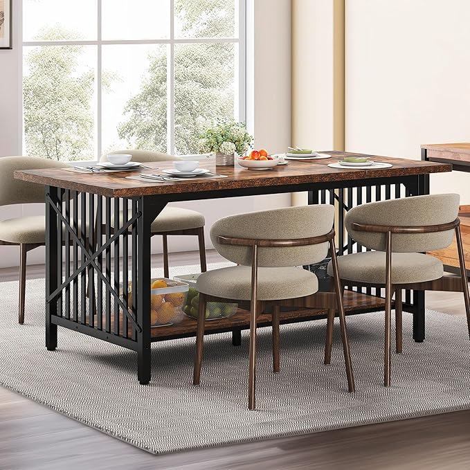 DWVO 70.8" Large Kitchen Dining Table for 6-8 People, Farmhouse Industrial Kitchen Table with Storage, Rectangle Apartment Dinning Room Dinette Tables for Eating Dinner, Rustic Brown