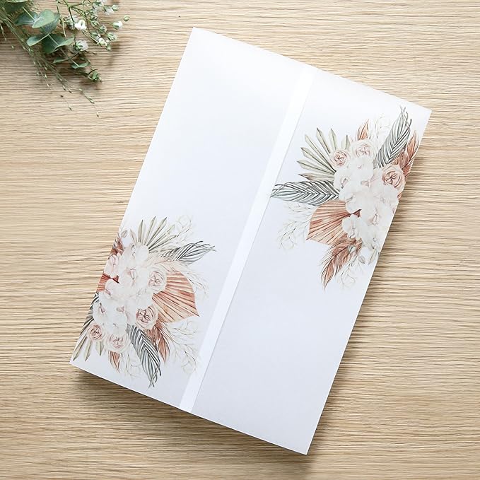 PONATIA 50PCS Vellum Jackets for 5x7 Invitation Cards- 135GSM Boho Flowers Vellum Sleeves Paper - Wedding Invitations Wraps - Transparent Card Jacket