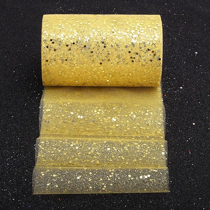 Glitter Tulle Rolls, 6” by 50 Yards (150FT) Sparkling Tulle Spool Ribbon Sequin Tulle Netting Fabric for Tutu Skirt Wedding Birthday Baby Shower (Gold)