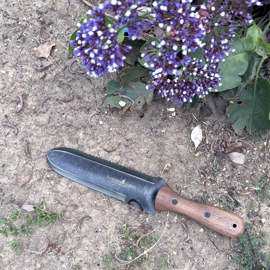 Garden Guru Hori Hori Gardening Knife for Weeding Digging Pruning & Cultivating - Stainless Steel Full Tang Blade | Walnut Wood Handle | Marks for Measuring Planting Depth | Nylon Sheath for Storage