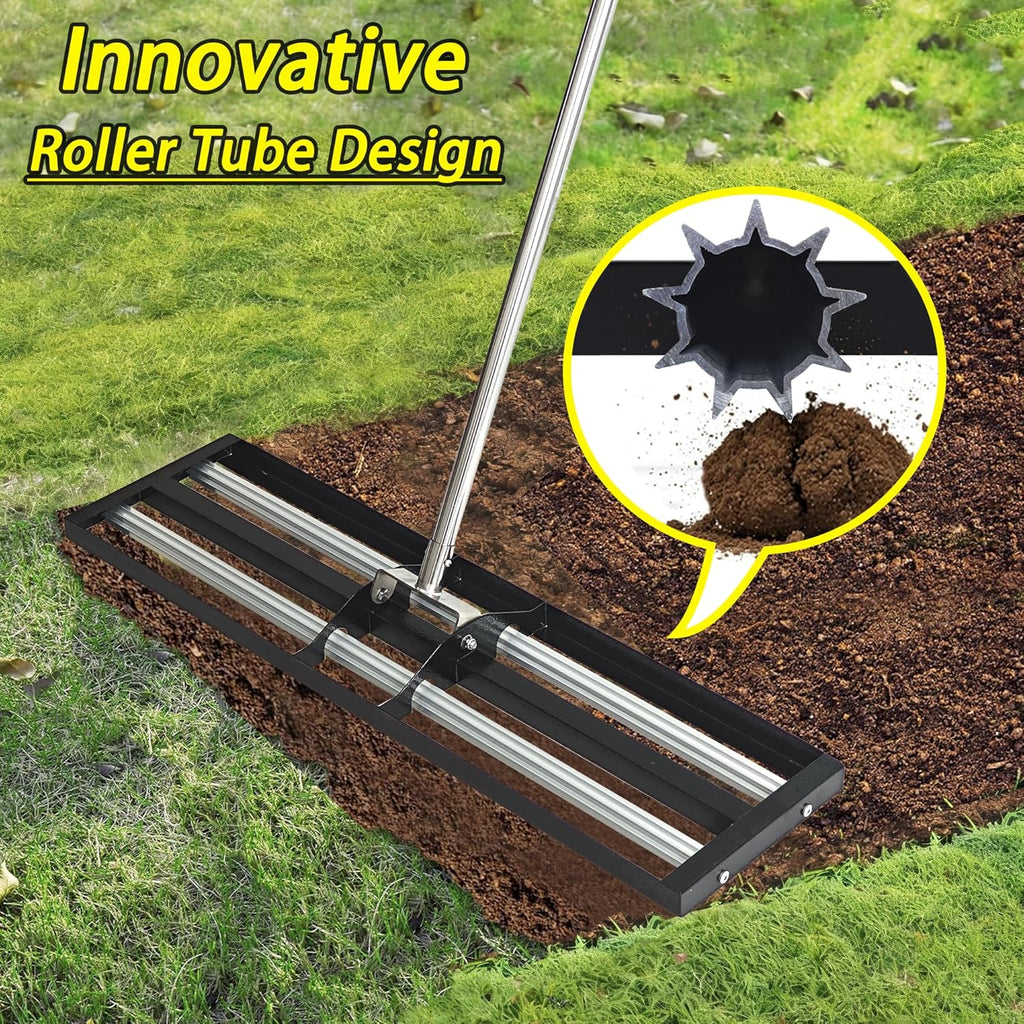 36"x10"Lawn Leveling Rake with Aluminum Rollers, Stainless Steel Yard Lawn Leveler Tool with Adjustable Long Handle, Yard Leveling Rake Suit, Levelawn Tool for Soil, Grass, Golf Course, Garden, Farm