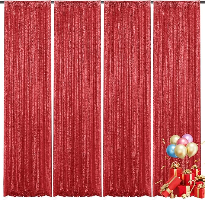 Red Sequin Backdrop Curtain 4 Pieces 2FTx8FT Glitter Photography Backdrop for Party Wedding Birthday Christmas Decorations