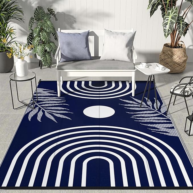 GENIMO Outdoor Rug 6' x 9' Waterproof for Patio Clearance, Reversible Lightweight Plastic Straw Camping Carpet, Large Area Rugs Mats for Rv, Backyard, Deck, Porch, Picnic, Balcony, Mix-Blue & White