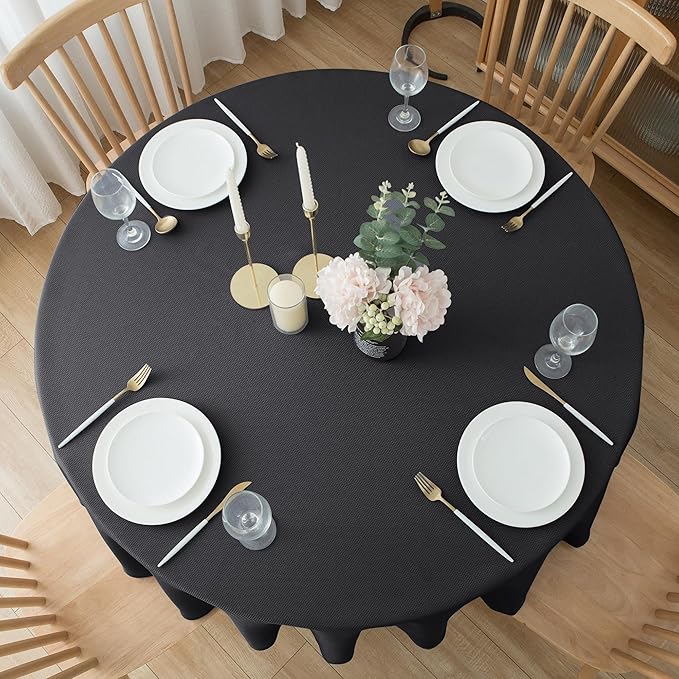 Biscaynebay Textured Fabric Round Tablecloths 70", Black Water Resistant Washable Table Cloth Circle Folding Table Covers for Dining, Kitchen, Wedding, Parties etc