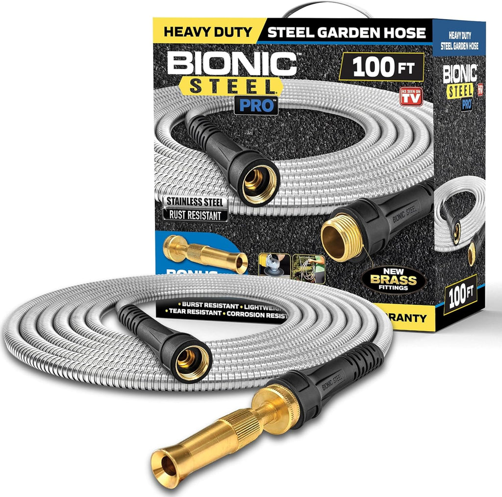 Bionic Steel PRO 100 Ft Garden Hose with Nozzle, Premium 304 Stainless Steel Metal Water Hose 100Ft Flexible Hose, Rust Proof, Lightweight, Heavy Duty, Crush Resistant Fittings, 500 PSI, 2025 Model