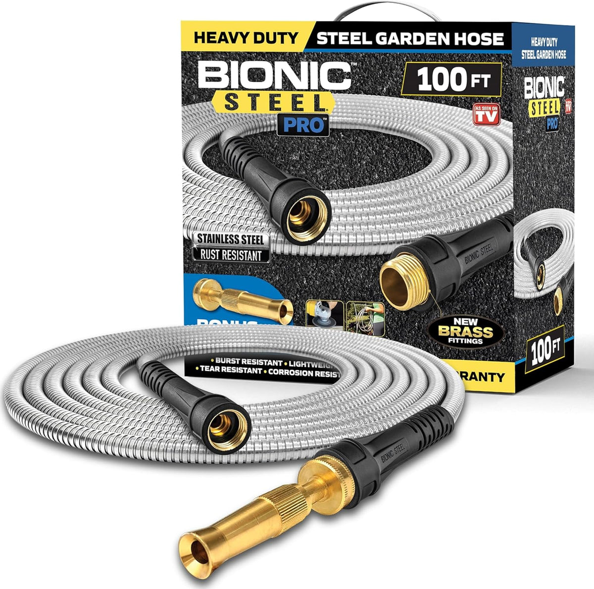 Bionic Steel PRO 100 Ft Garden Hose with Nozzle, Premium 304 Stainless Steel Metal Water Hose 100Ft Flexible Hose, Rust Proof, Lightweight, Heavy Duty, Crush Resistant Fittings, 500 PSI, 2025 Model