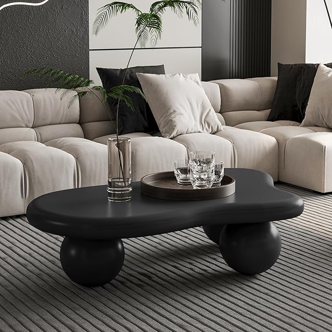 40 Inch Cloud Shaped Coffee Table with 3 Ball Legs for Living Room Black