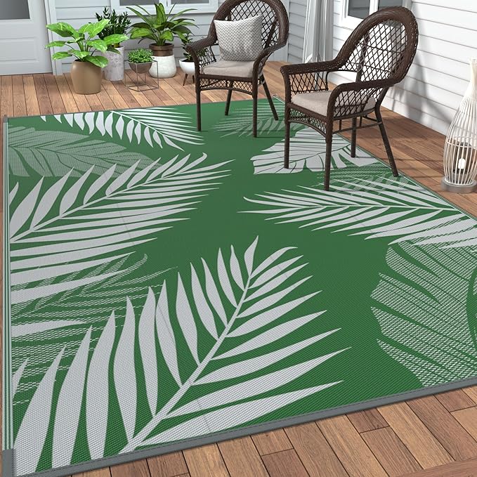 GENIMO Outdoor Rug 6' x 9' Waterproof for Patios Clearance, Reversible Plastic Straw Camping Carpet, Large Area Rugs Mats for RV, Picnic, Backyard, Deck, Balcony, Porch, Beach, Green&Grey