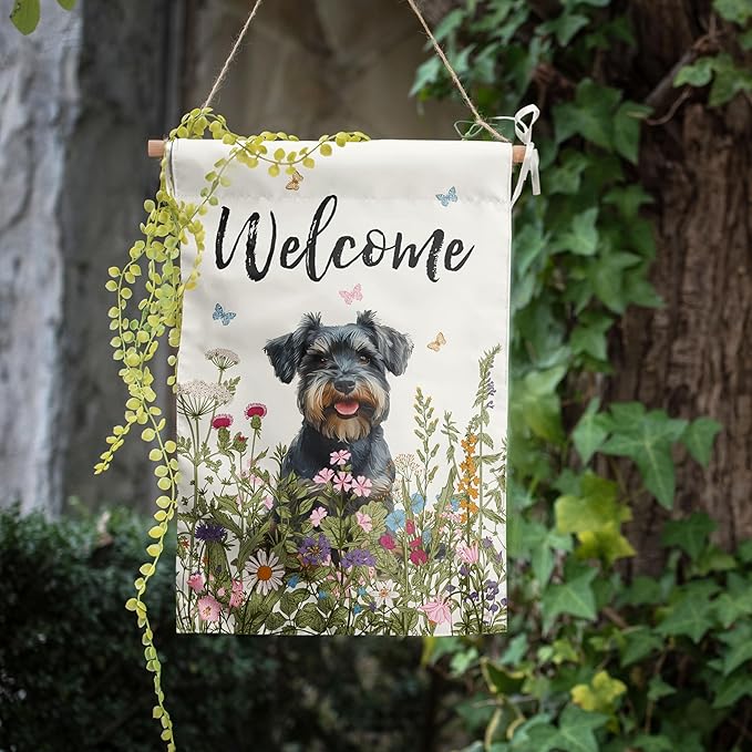 Spring Summer Garden Flag Floral Schnauzer Yard Flag Flower Dog Garden Flags for Outside Small Outdoor Welcome Flags 12x18 Double Sided