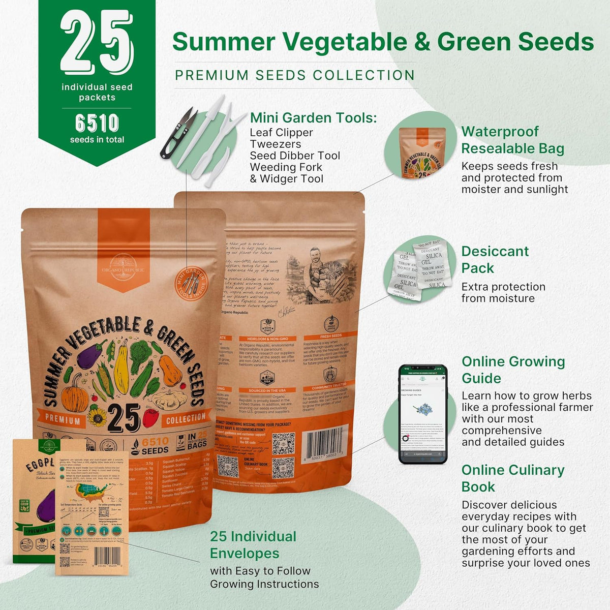 Organo Republic 25 Summer Vegetable Garden Seed Variety Pack - 6,510+ Non-GMO Heirloom Veggie & Greens Seeds for Outdoors & Indoor Home Garden, Including Collards, Pepper, Okra, Onion, Bean, Cucumber