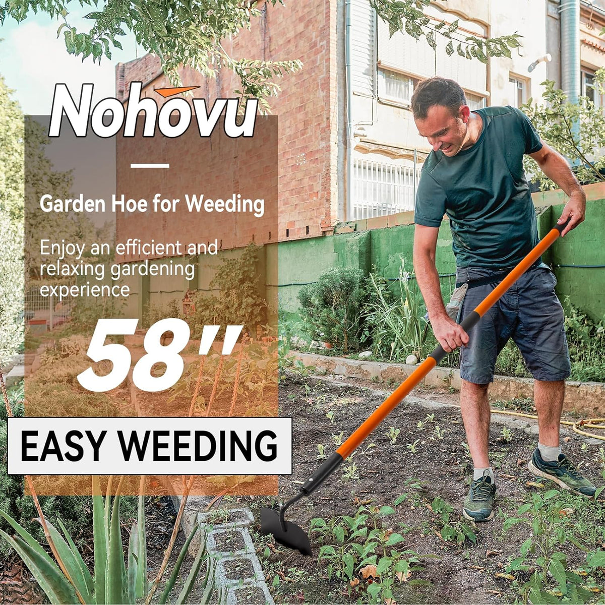 Garden Hoe Tool, 58 Inches Hoe Garden Tool with Fiberglass Long Handle, Heavy Duty Garden Hoe for Weeding