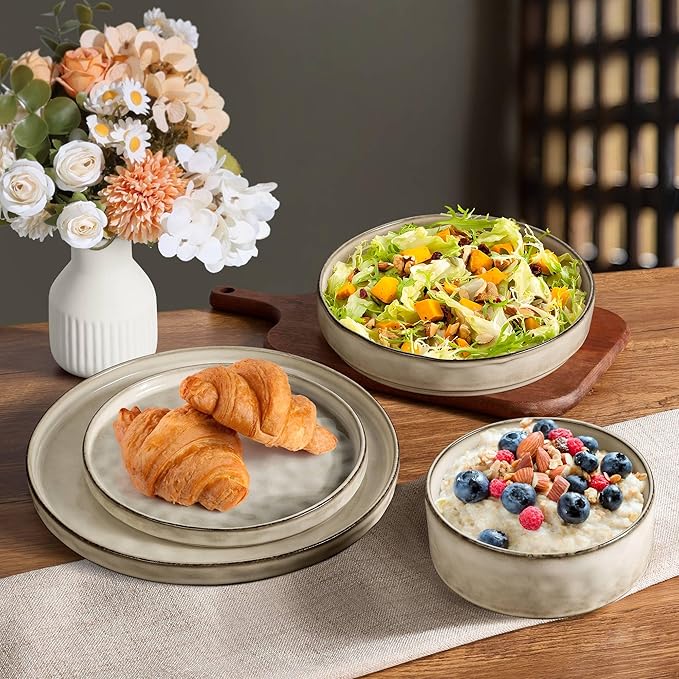 LIANYU Dinnerware with Pasta Bowls Set for 4, 16 Piece Stoneware Dish Ding Ware, Dinner Tableware Sets Includes Dinner Salad Plates, Cereal Salad Bowls, Chip & Scratch Resistant, Sandy Beige