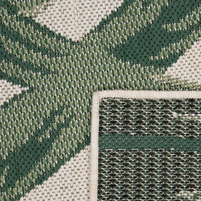 Tropical Outdoor Rug Palm Tree & Jungle Design Flatweave in Green Beige, Size: 4'7" x 6'7"
