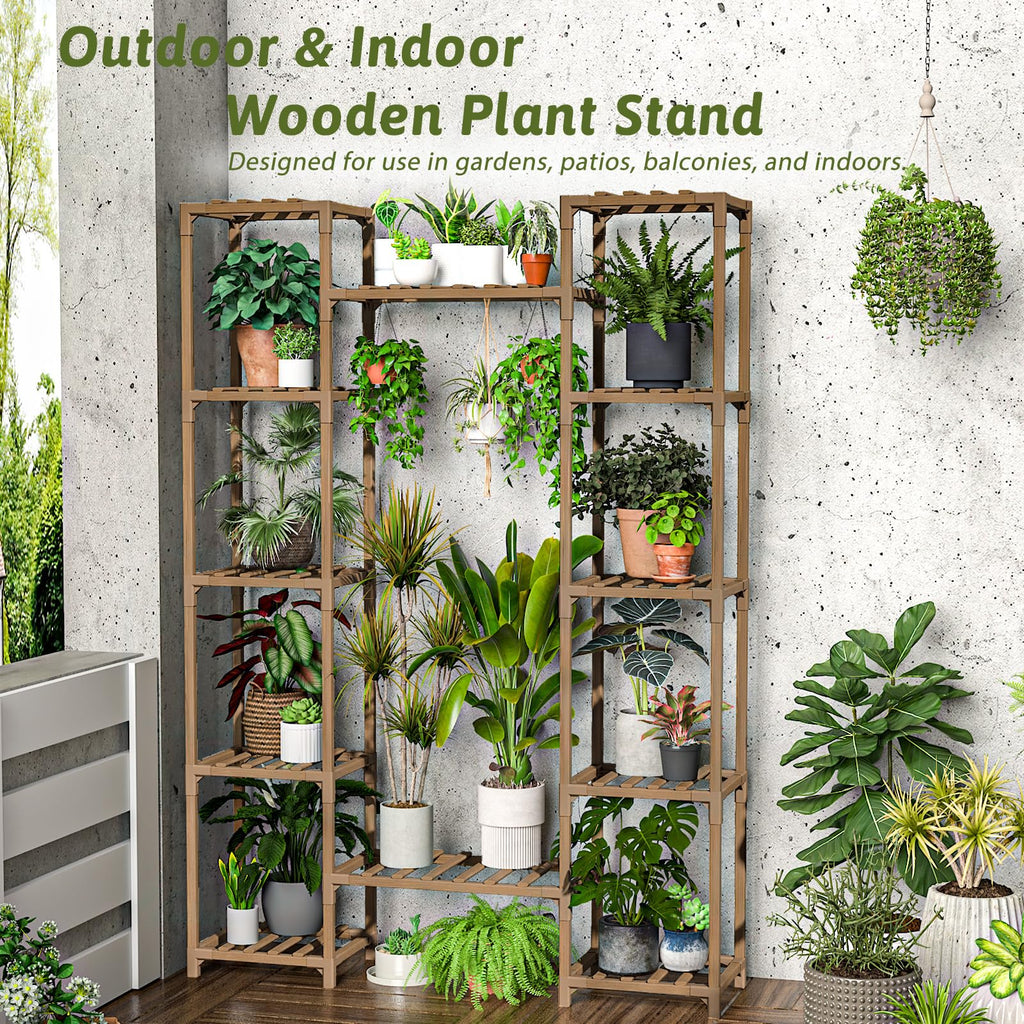 GENTINGBRO Plant Stand Indoor Outdoor 62.2“ Tall Plant Shelf Large Tiered Flower Stands for Multiple Display Wood Hanging Planter Holder for Living Room Garden Balcony Patio Decor