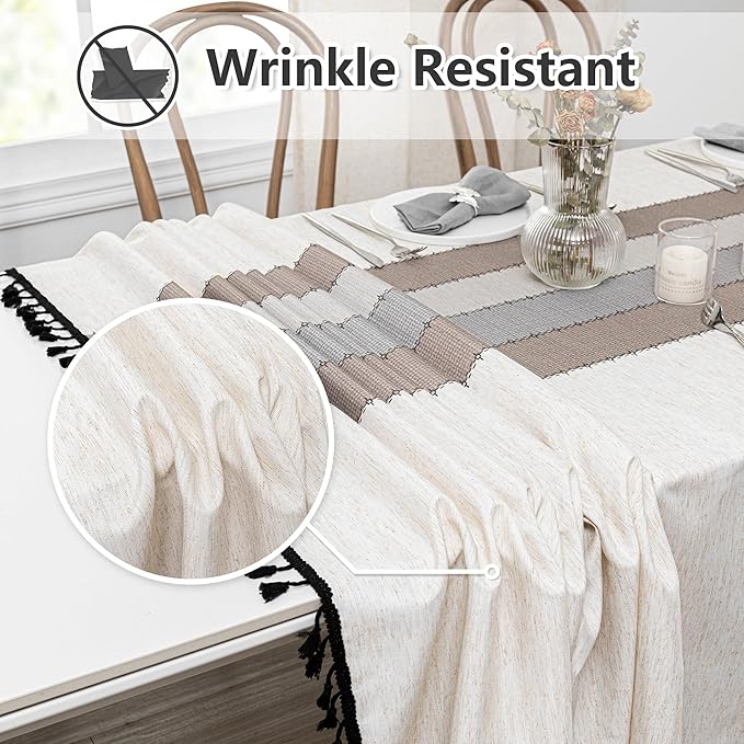 MYSKY HOME Table Cloth 60x102 in Rectangle, Heavy Duty Lines Linen Look Waterproof Tablecloths Farmhouse Tablecloth, Wrinkle Free Table Cover with Coffee Lines for Kitchen Dining, Party