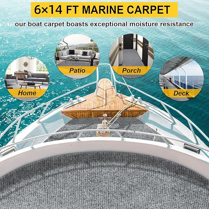Marine Carpet,6 FT x 14 FT Smoke Gray Indoor Outdoor Carpet 0.2" Thick Boat Carpet with Water-Proof TPE Backing, Non-Slide Outdoor Marine Carpet Roll for Home, Patio, Porch, Deck
