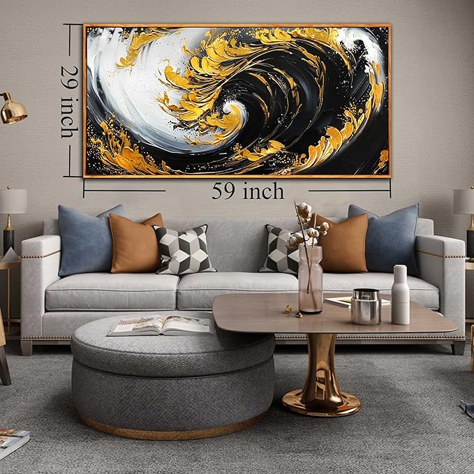 Abstract Canvas Art - Black and Gold Framed Wall Art for Living Room - Ocean Pictures Wall Art Canvas Size 29" x 59"