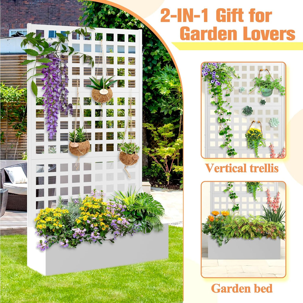 Metal Planter Box with Trellis & Wheels, Raised Garden Bed with Privacy Screen, Outdoor Standing Flower Beds with Drainage Hole for Climbing Plants, Vine, 35" Lx16 Wx71 H
