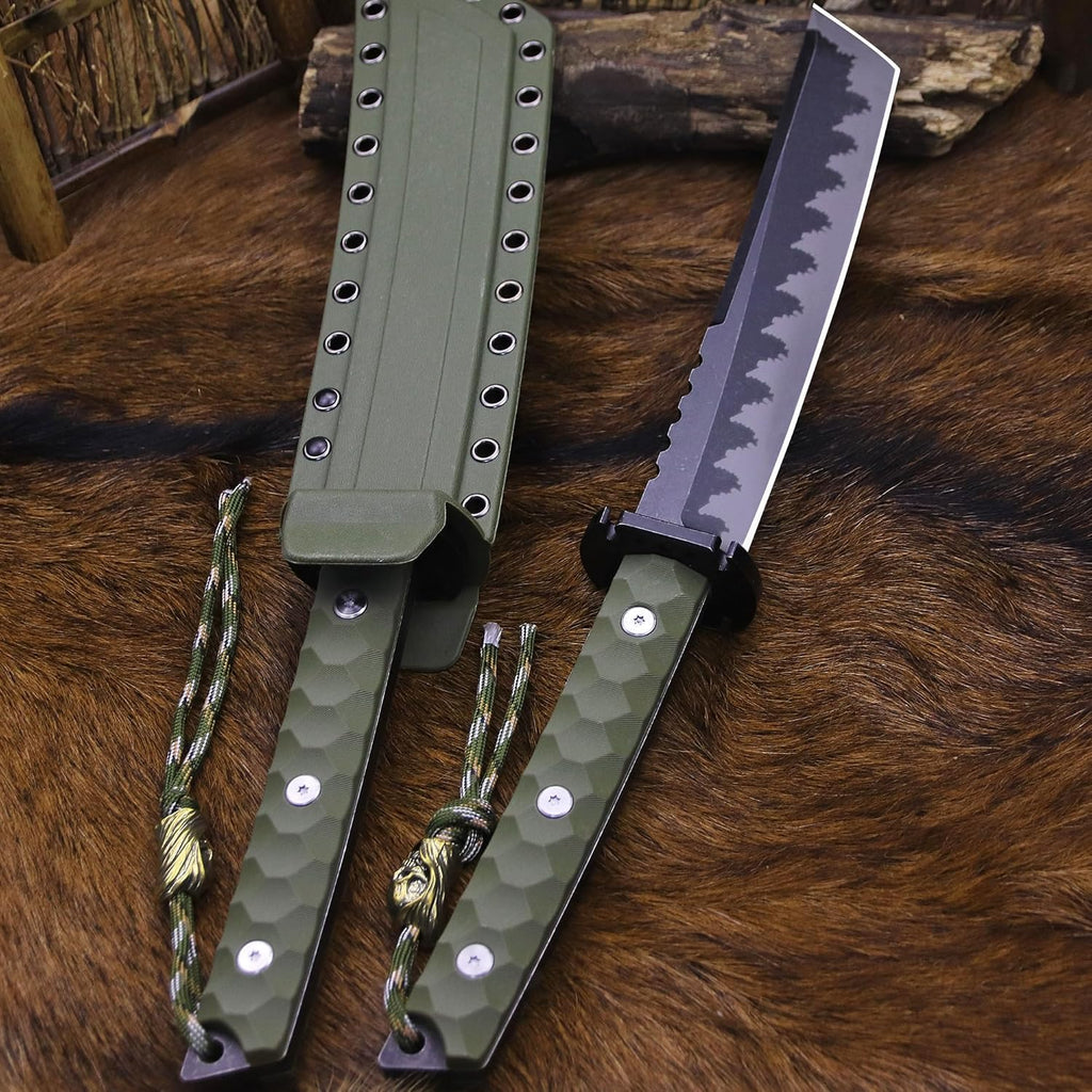 BA-KOR 15.8in Full Tang Japanese Style Outdoor Knife –8mm DC53 Steel, Nylon Fiber Handle &Sheath, Hunting Survival Knife+(5.9in) cerium igniter (Green handle and black blade (8mm))